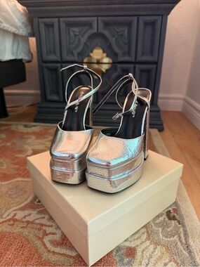 Public Desire Silver Metallic Platform Ankle-Strap Heels